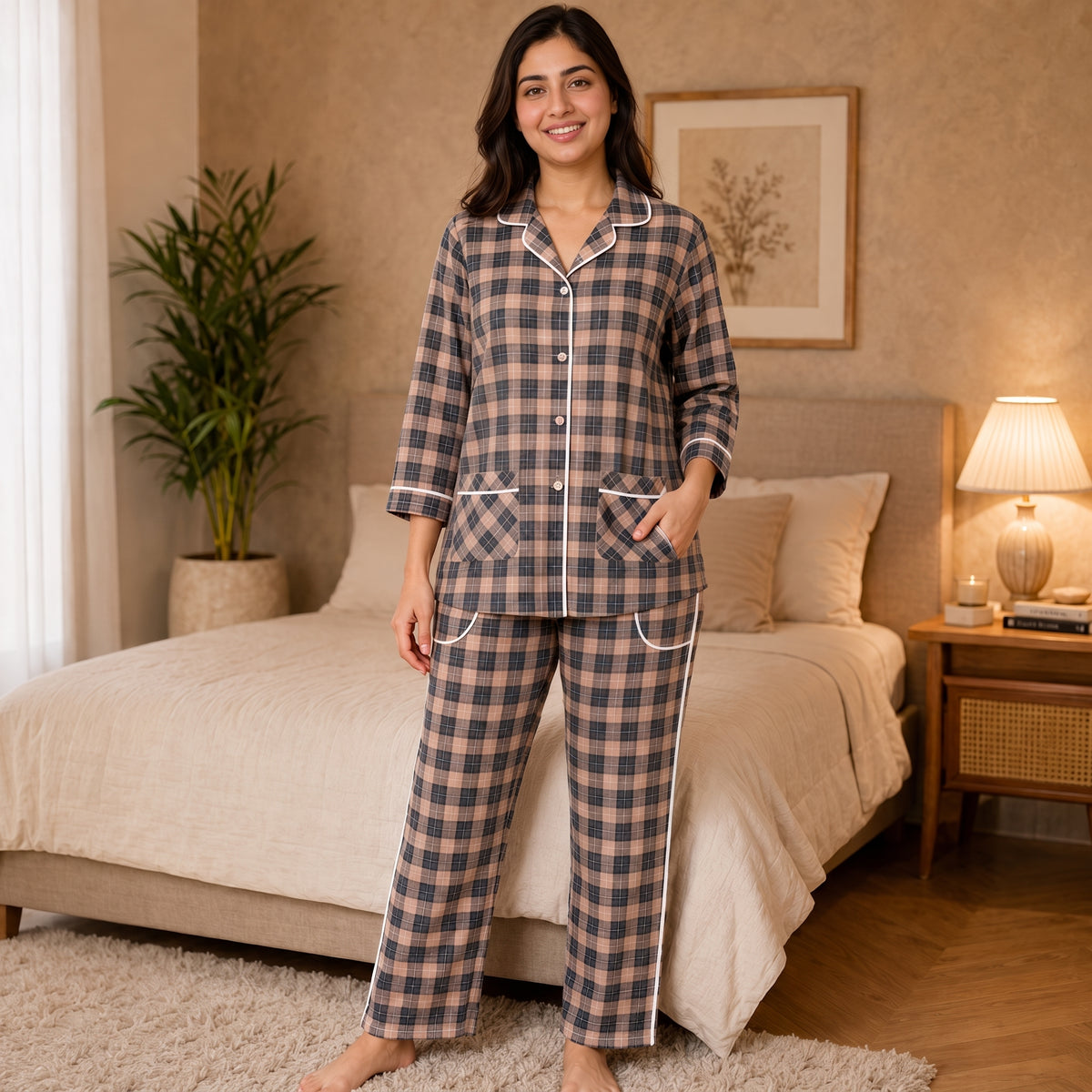 Women’s Brown & Grey Checkered Night Suit & Loungewear