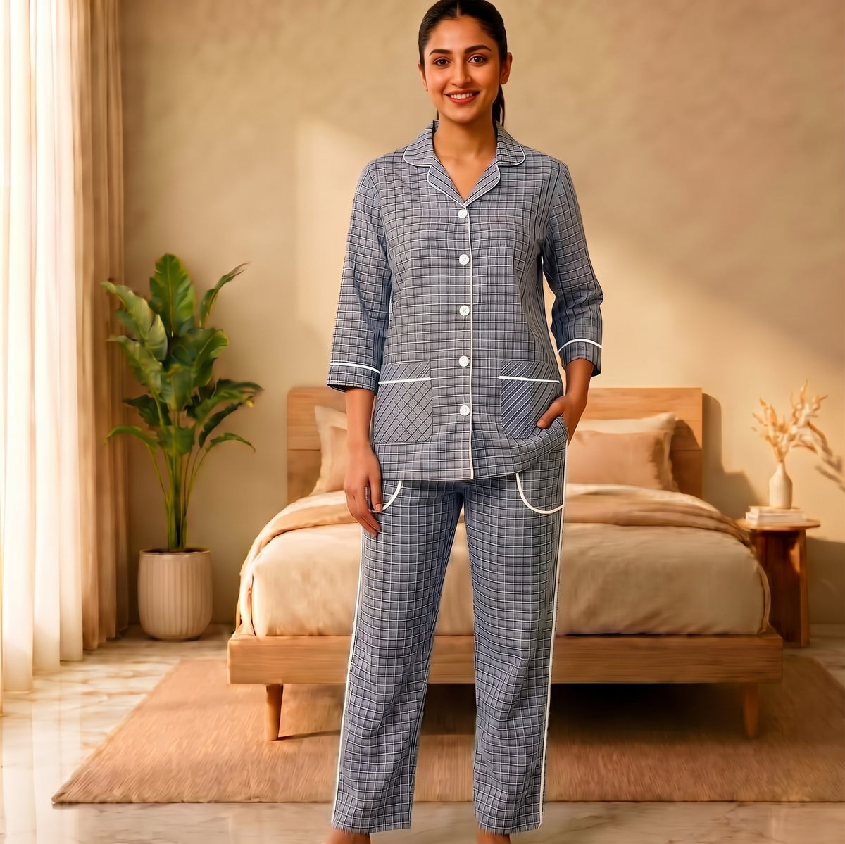 Women’s Light Blue & Navy Checkered Cotton Night Suit & Loungewear