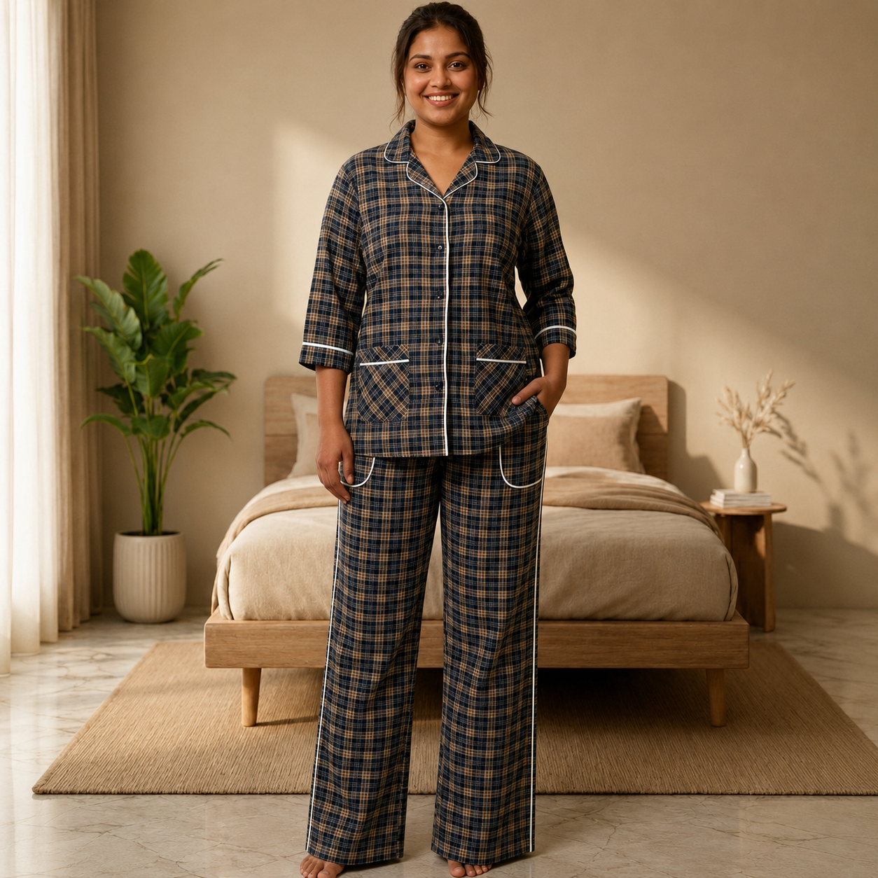 Women's Navy Checkered Cotton Pajama Set