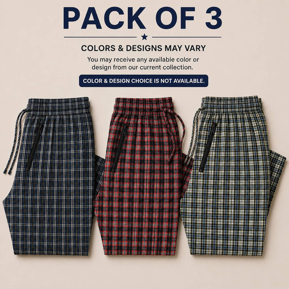 Pure Cotton Check Trouser with Zip Pockets-Pack of 3