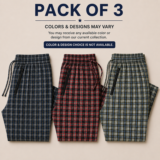 Pure Cotton Check Trouser with Zip Pockets-Pack of 3