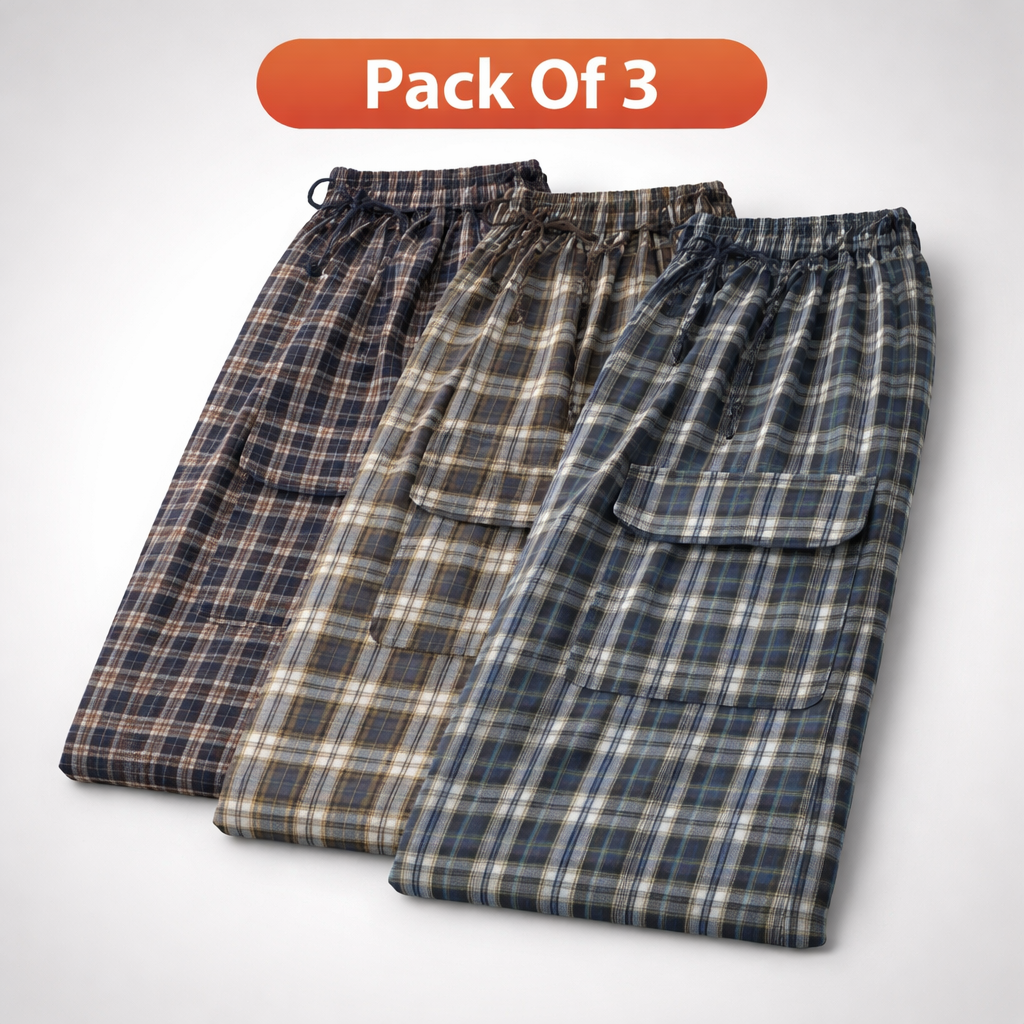 Stylish 4-Pocket Pure Cotton Check Cargo Trouser for Men-Pack of 3