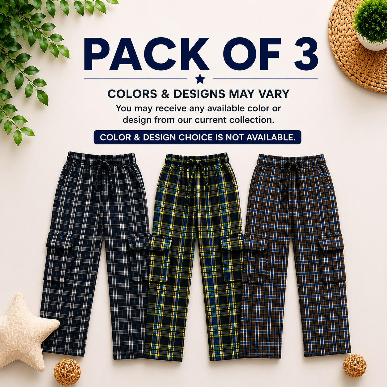 Stylish 4-Pocket Pure Cotton Check Cargo Trouser for Kids-Pack of 3