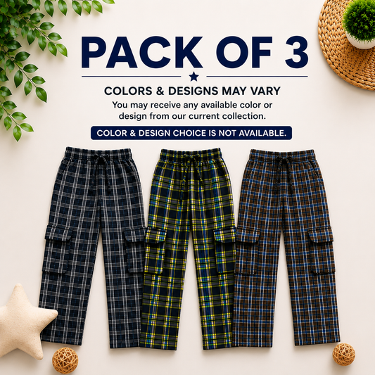 Stylish 4-Pocket Pure Cotton Check Cargo Trouser for Kids-Pack of 3