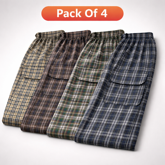 Stylish 4-Pocket Pure Cotton Check Cargo Trouser for Men-Pack of 4