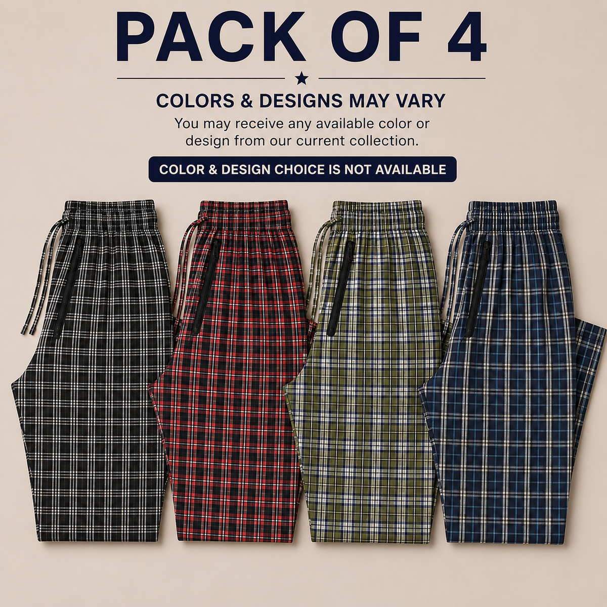 Pure Cotton Check Trouser with Zip Pockets-Pack of 4