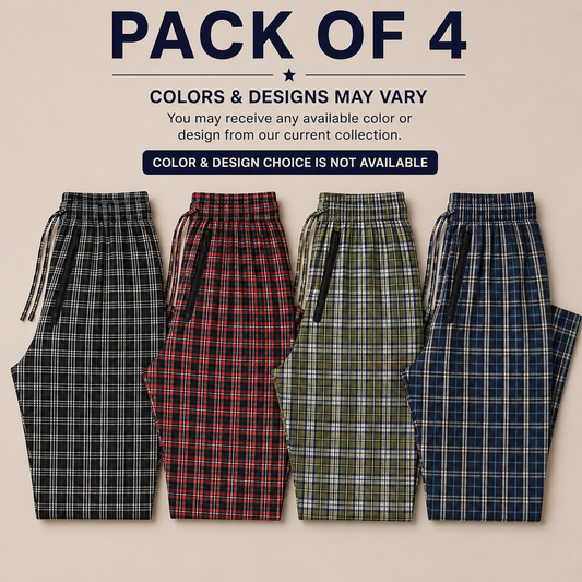Pure Cotton Check Trouser with Zip Pockets-Pack of 4