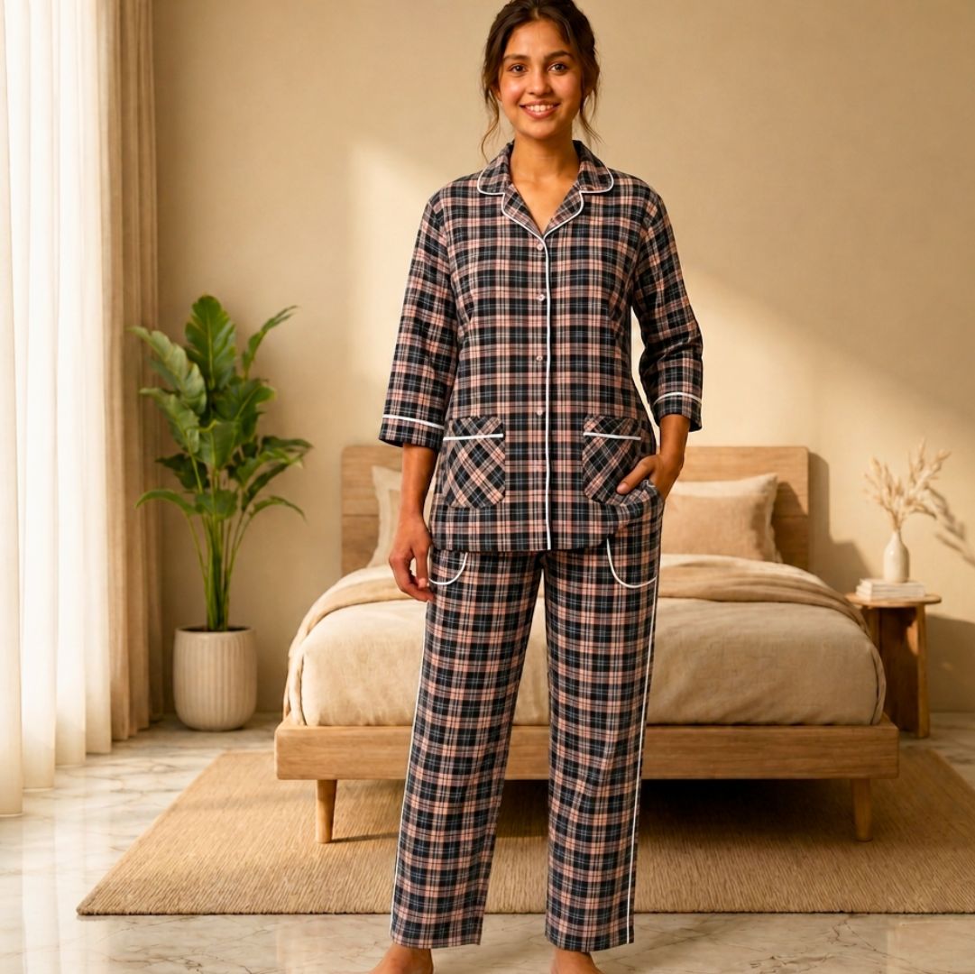 Women’s Black & Dusty Rose Checkered Cotton Pajama Set
