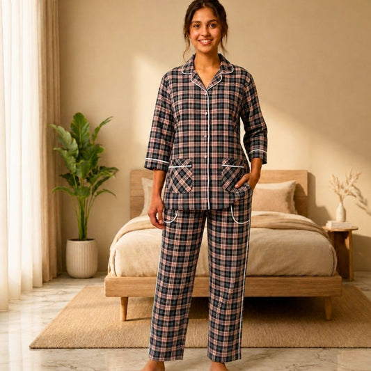 Women’s Black & Dusty Rose Checkered Cotton Pajama Set