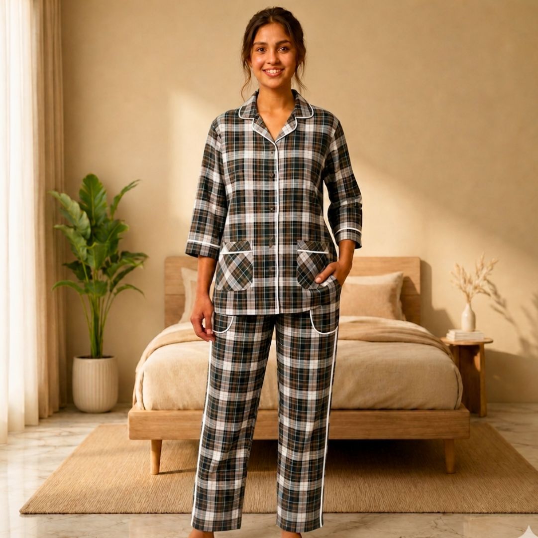 Women's Black & White Checkered Cotton Pajama Set