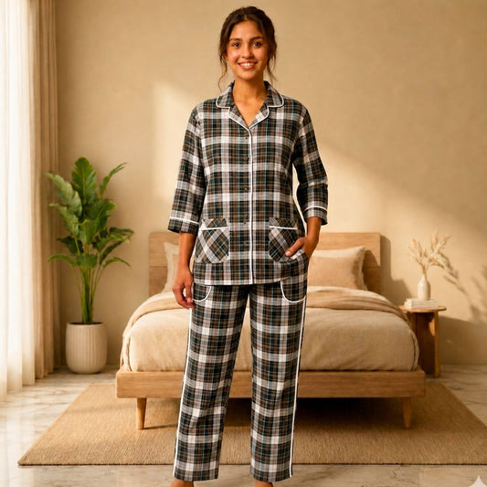 Women's Black & White Checkered Cotton Pajama Set