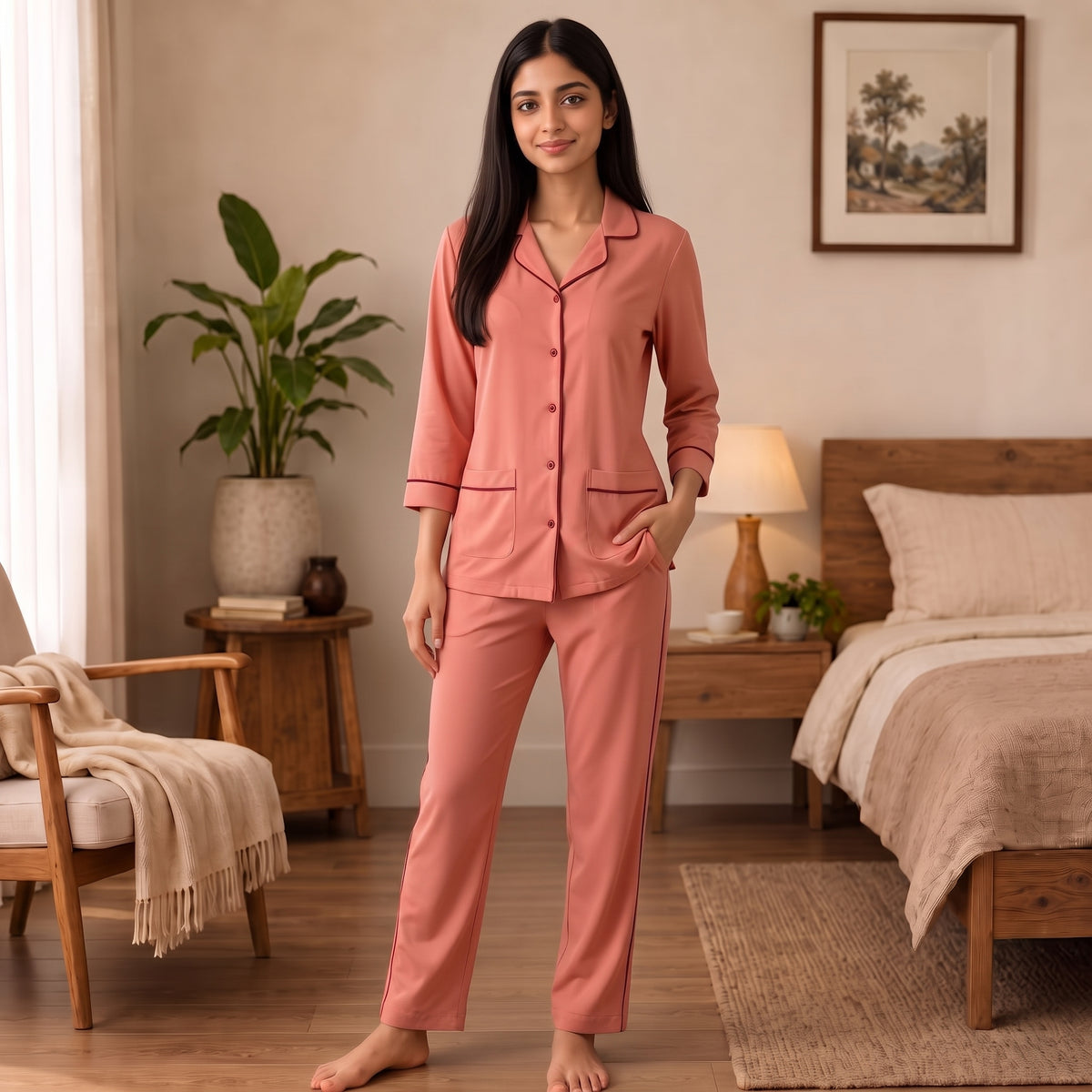 Women’s Premium Soft Plain Peach Night Suit & Loungewear
