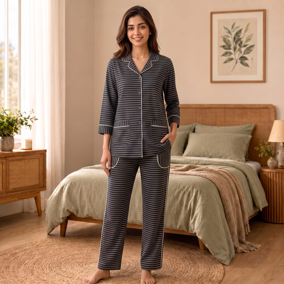 Women’s Premium Black & Beige Striped Night Suit & Loungewear