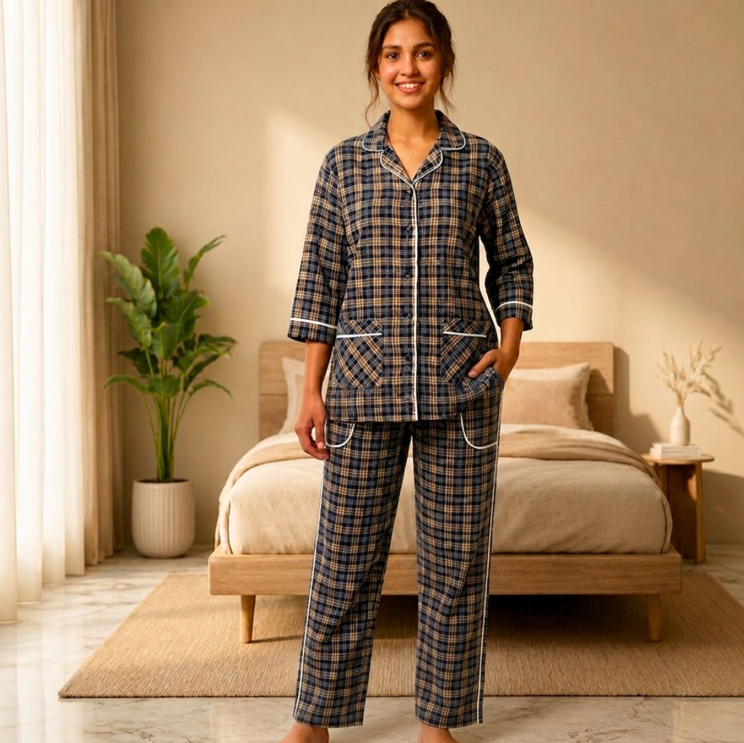 Women's Navy Checkered Cotton Pajama Set