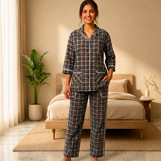 Women's Navy Checkered Cotton Pajama Set
