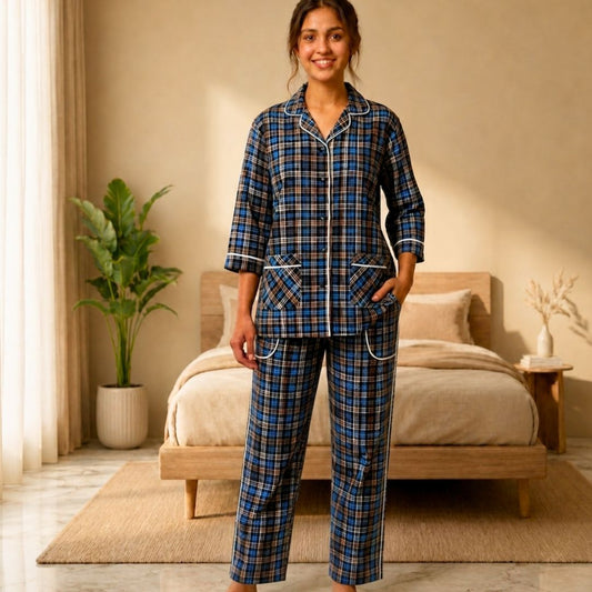 Women’s Blue & Brown Checkered Cotton Pajama Set