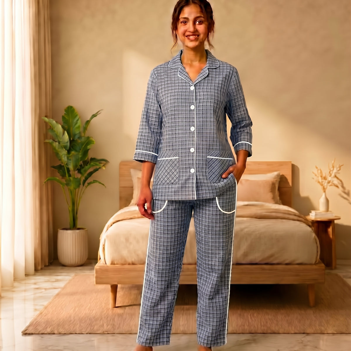 Women’s Light Blue & Navy Checkered Cotton Night Suit & Loungewear