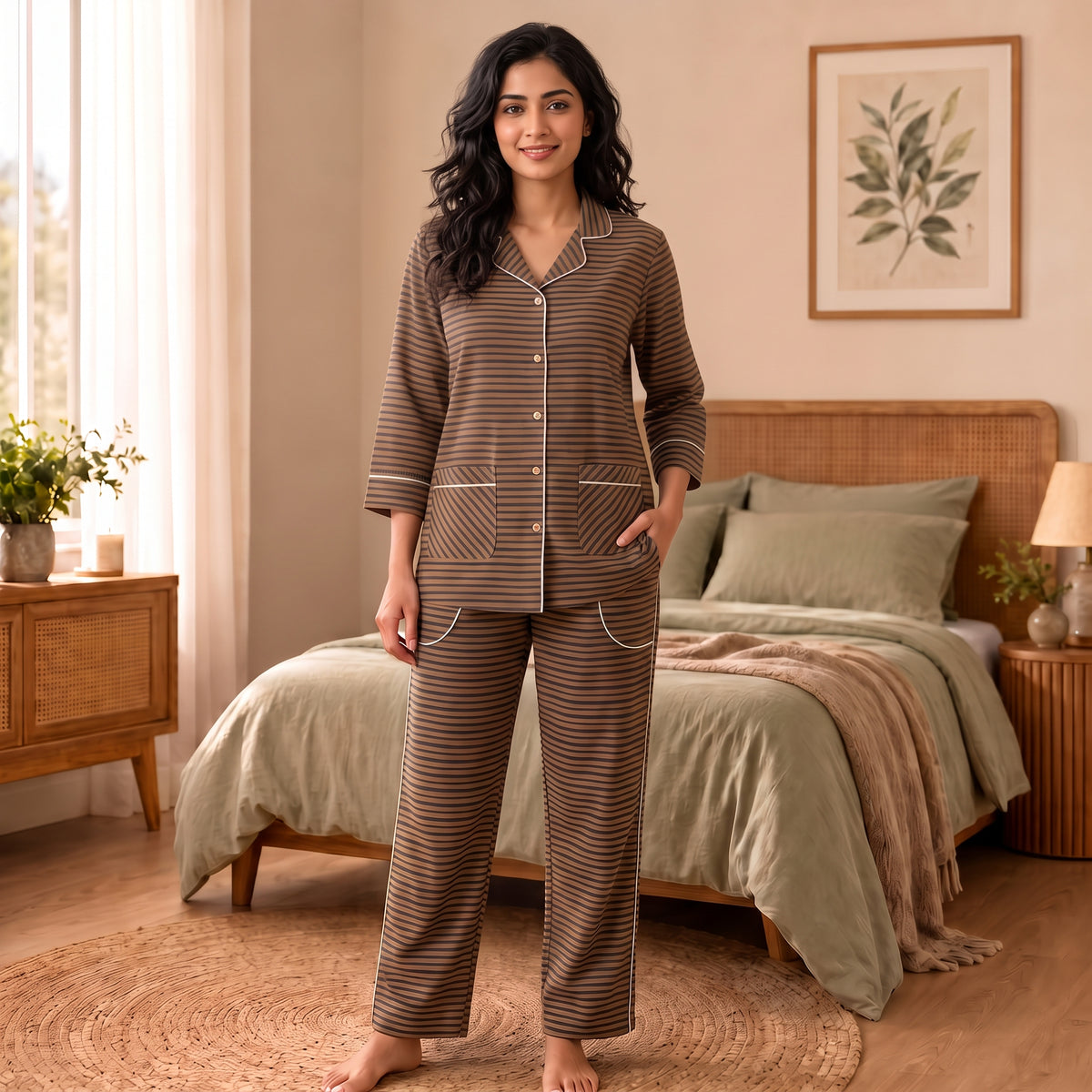 Women’s Premium Brown & Black Striped Night Suit & Loungewear