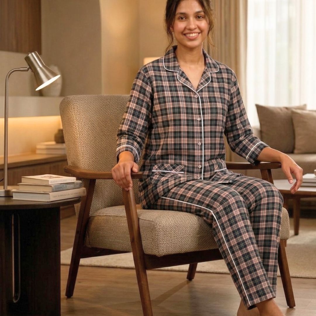Women’s Black & Dusty Rose Checkered Cotton Pajama Set