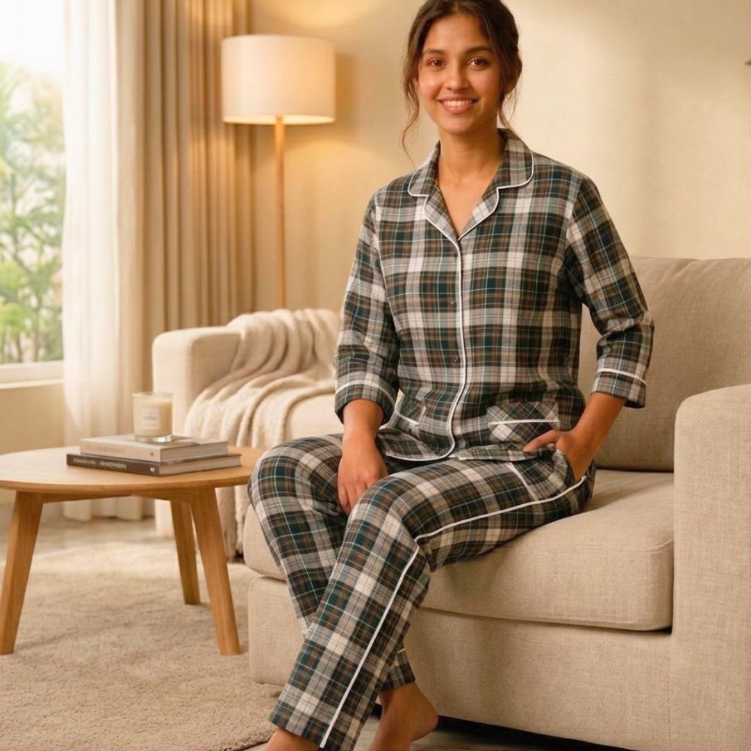Women's Black & White Checkered Cotton Pajama Set