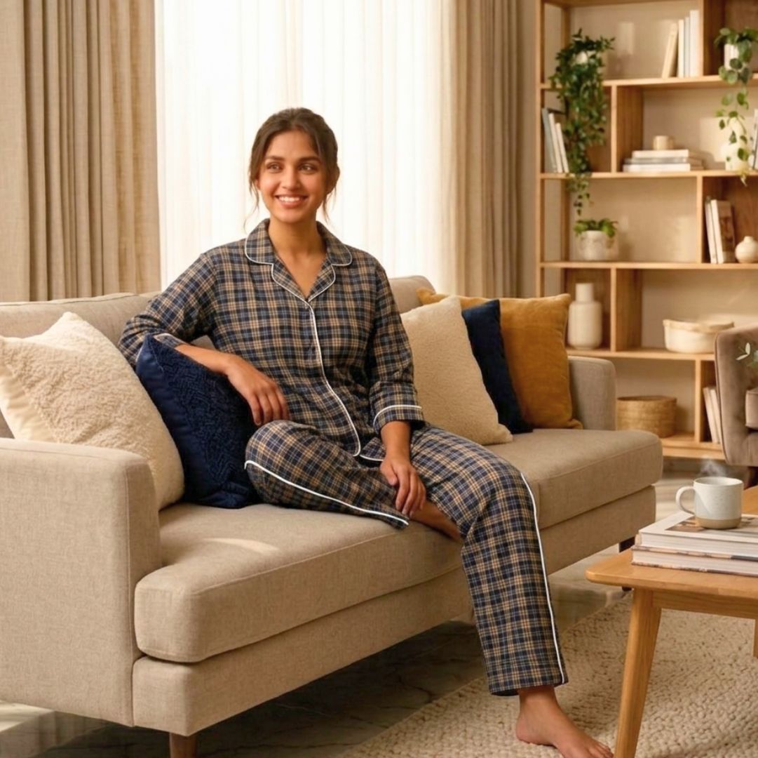 Women's Navy Checkered Cotton Pajama Set