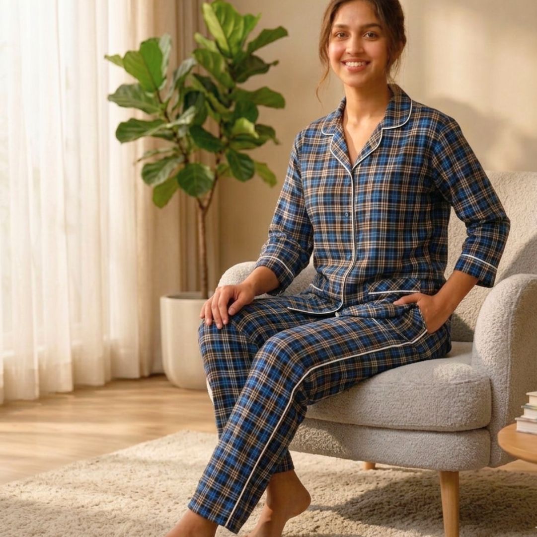 Women’s Blue & Brown Checkered Cotton Pajama Set