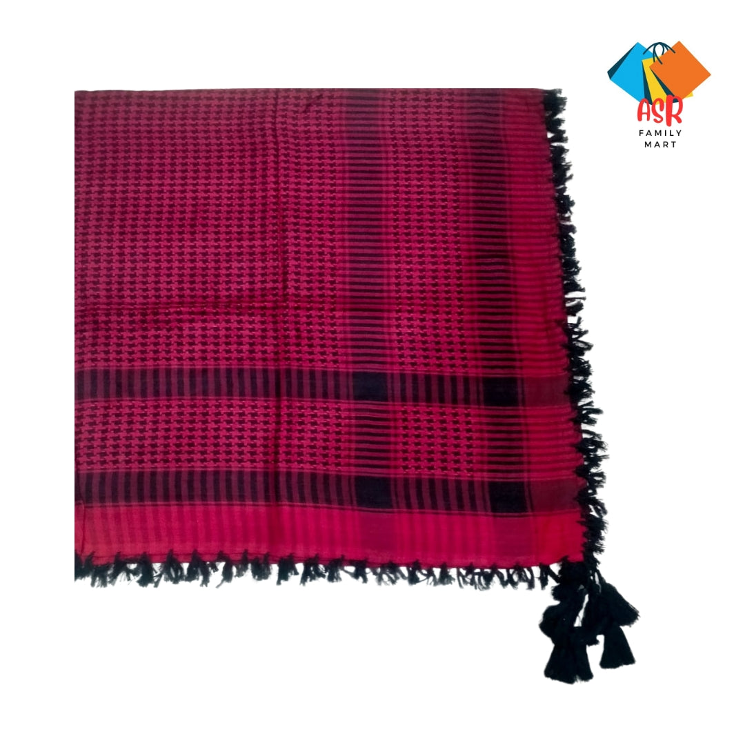 Elegant Red & Black Checkered Shemagh Scarf for Men with Tassels.