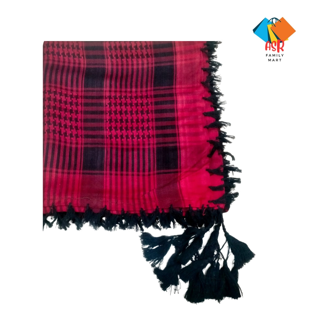 Elegant Red & Black Checkered Shemagh Scarf for Men with Tassels.