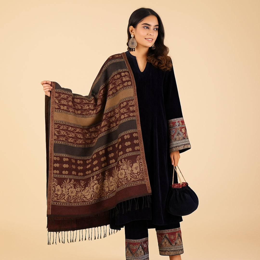 Traditional Velvet Shawl – Classic Stripe Design