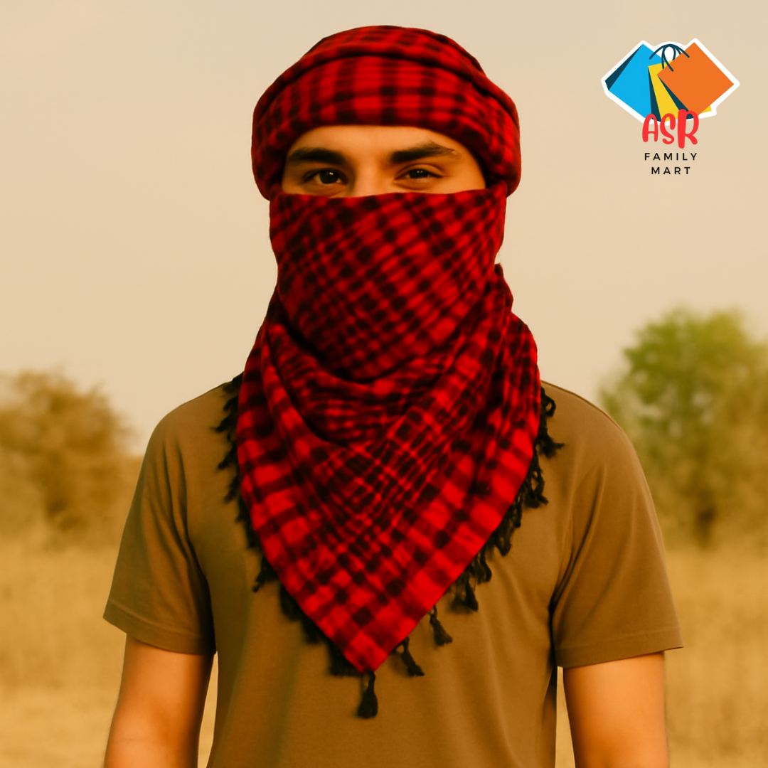 Elegant Red & Black Checkered Shemagh Scarf for Men with Tassels.