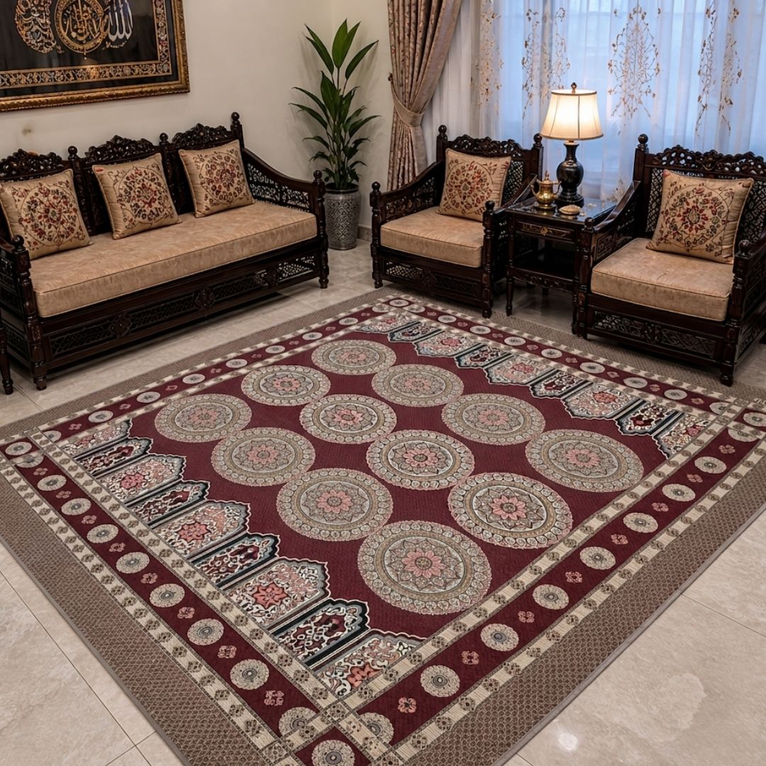 Traditional Multani Jazem – 9×15 Ft – Royal Mehrab & Circular Motif Design