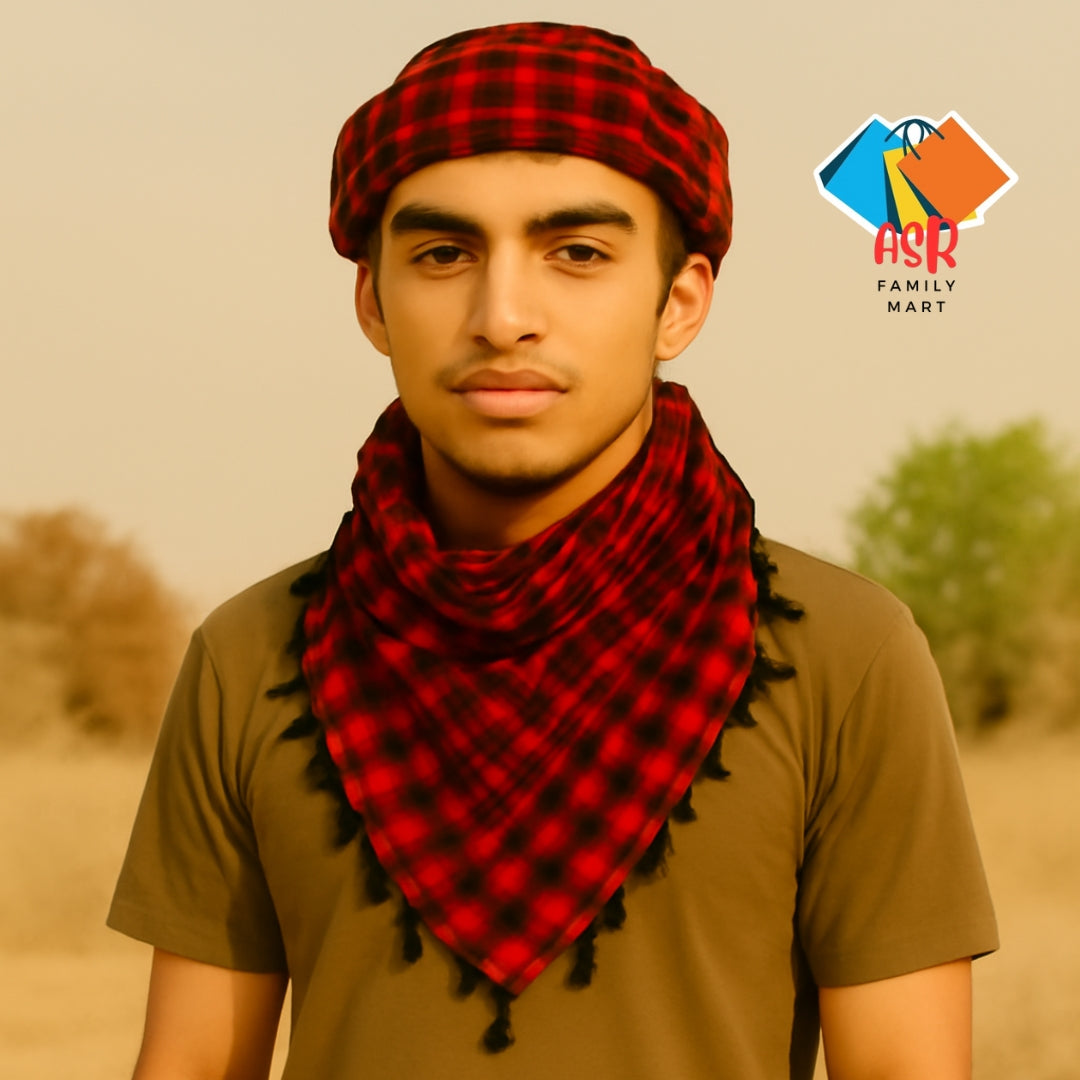 Elegant Red & Black Checkered Shemagh Scarf for Men with Tassels.