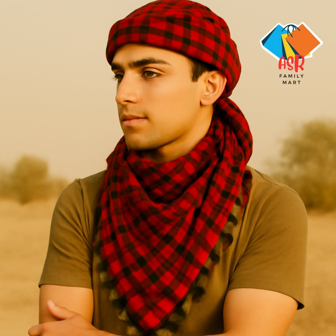 Elegant Red & Black Checkered Shemagh Scarf for Men with Tassels.