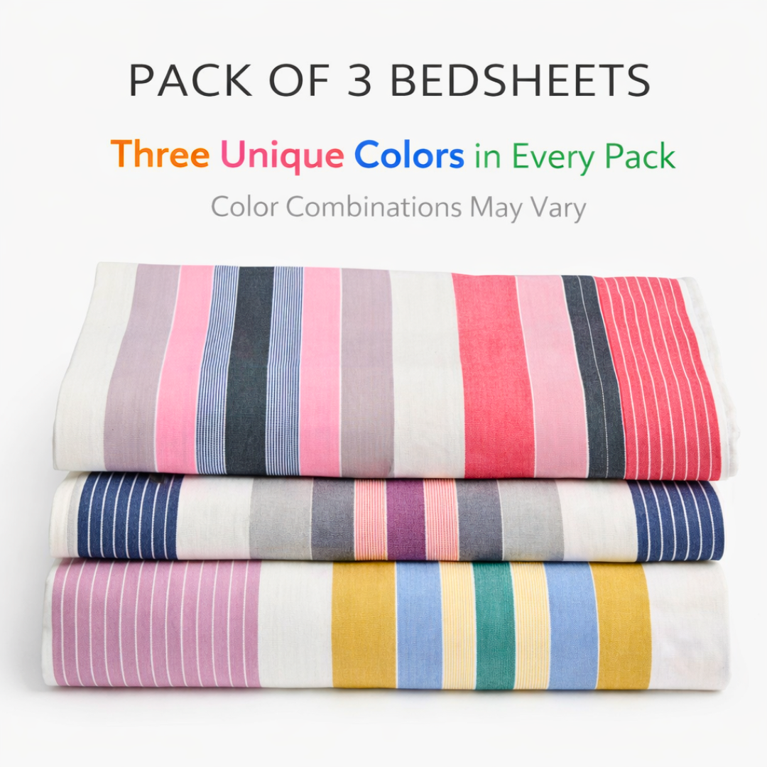 KT Cotton Double Bed Bedsheet Set – Multicolor Stripe Design (Pack of 3)
