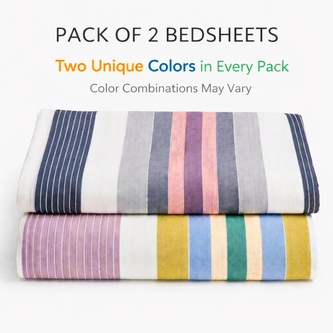KT Cotton Double Bed Bedsheet Set – Multicolor Stripe Design (Pack of 2)