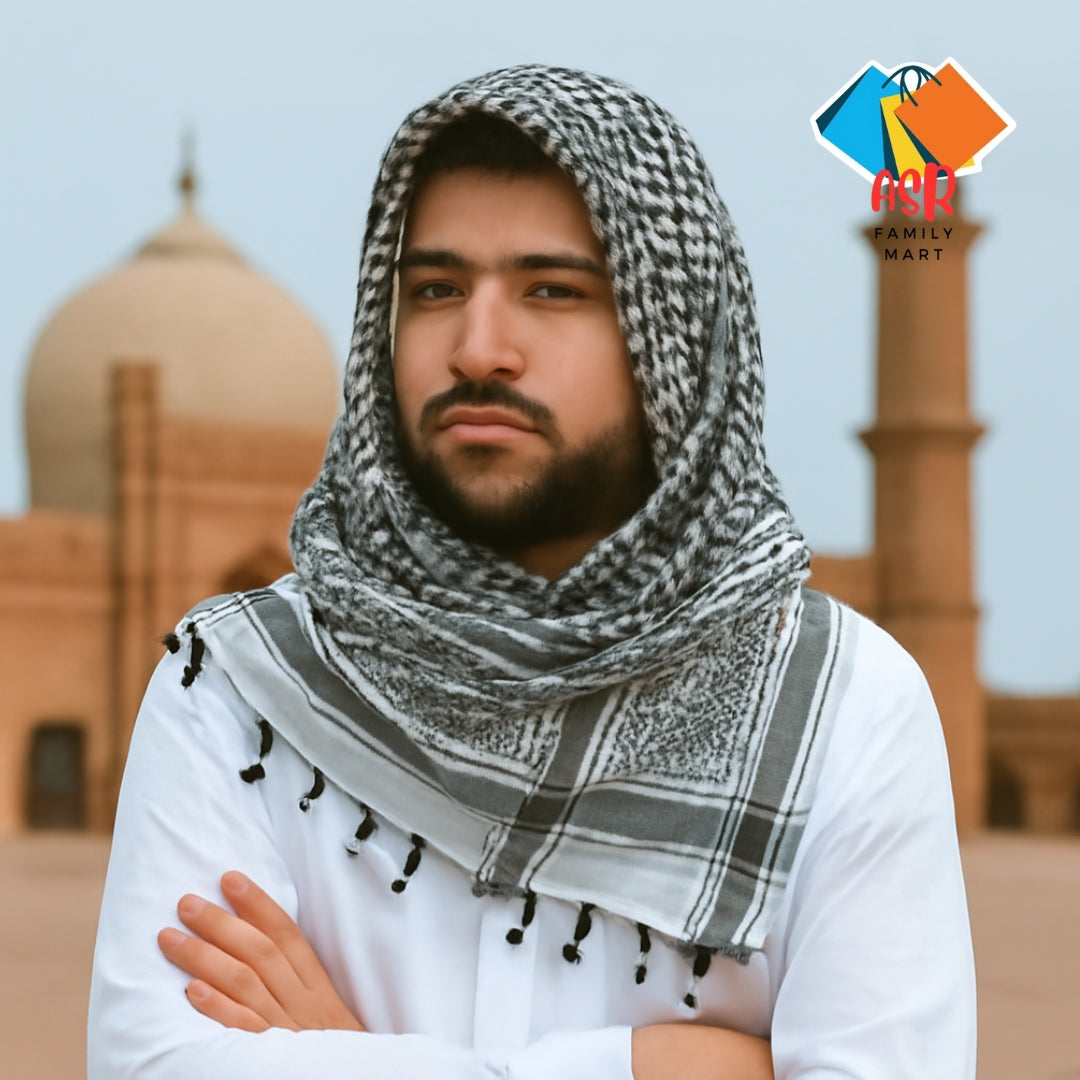 Elegant Black & White Checkered Shemagh Scarf for Men with Tassels