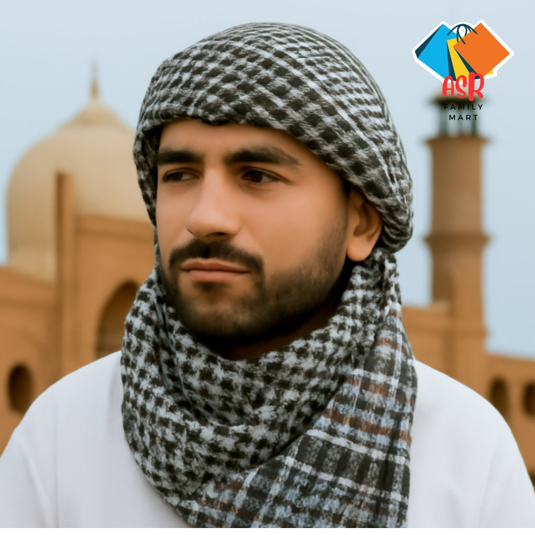 Elegant Black & White Checkered Shemagh Scarf for Men with Tassels