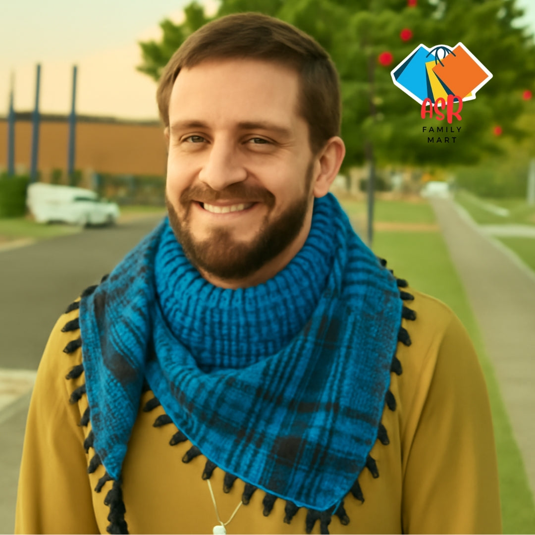 Elegant Blue & Black Checkered Shemagh Scarf for Men with Tassels