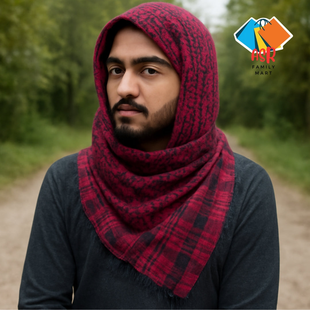 Elegant Maroon & Black Checkered Shemagh Scarf for Men with Tassels