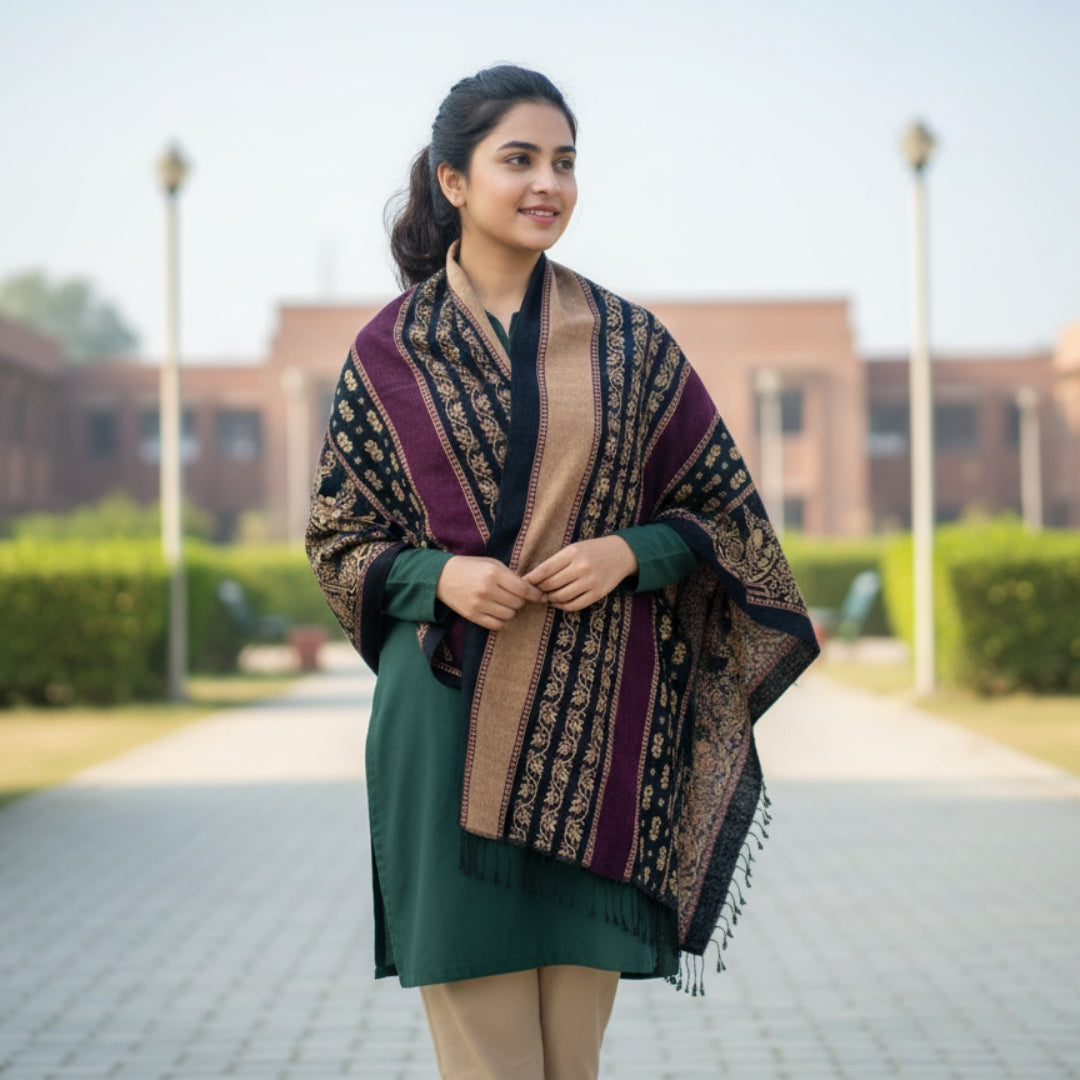 Traditional Velvet Shawl – Classic Stripe Design