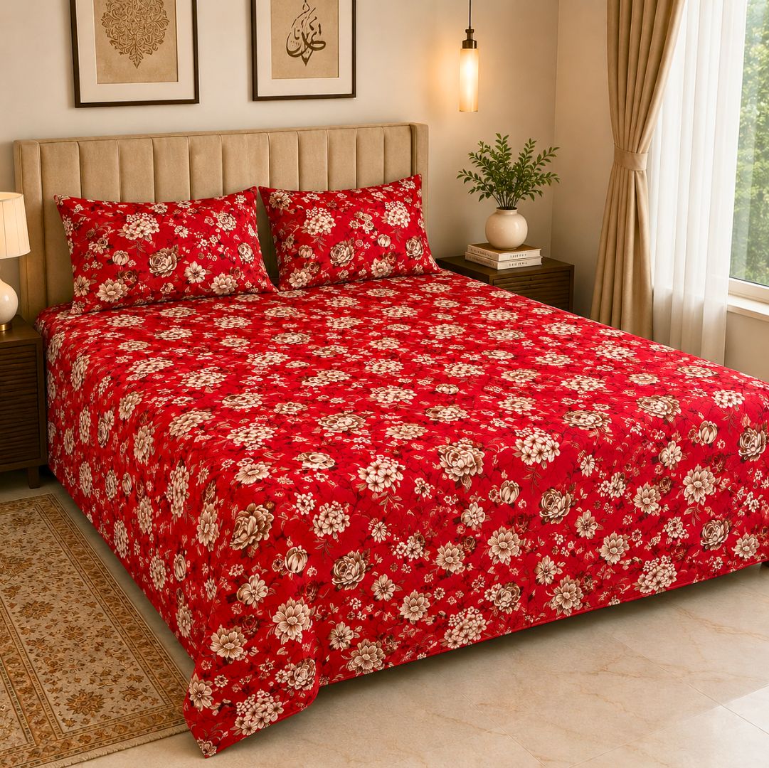 Crimson Rose Soft Cotton Printed Bedsheet Set