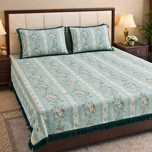 Floral Stripe Multani Bed Sheet – Emerald Green Classic Design