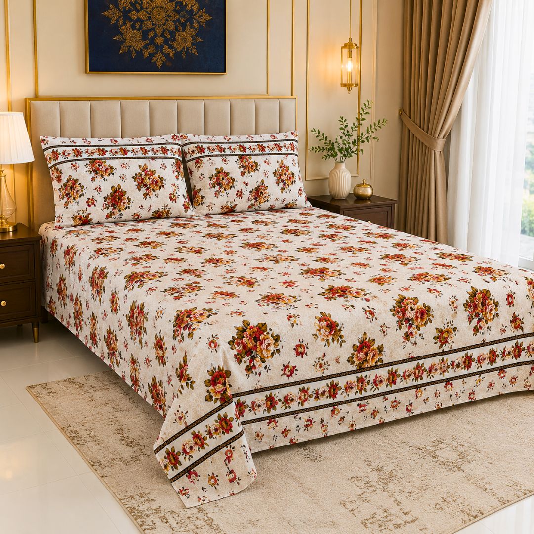 Autumn Bloom Soft Cotton Printed Bedsheet Set