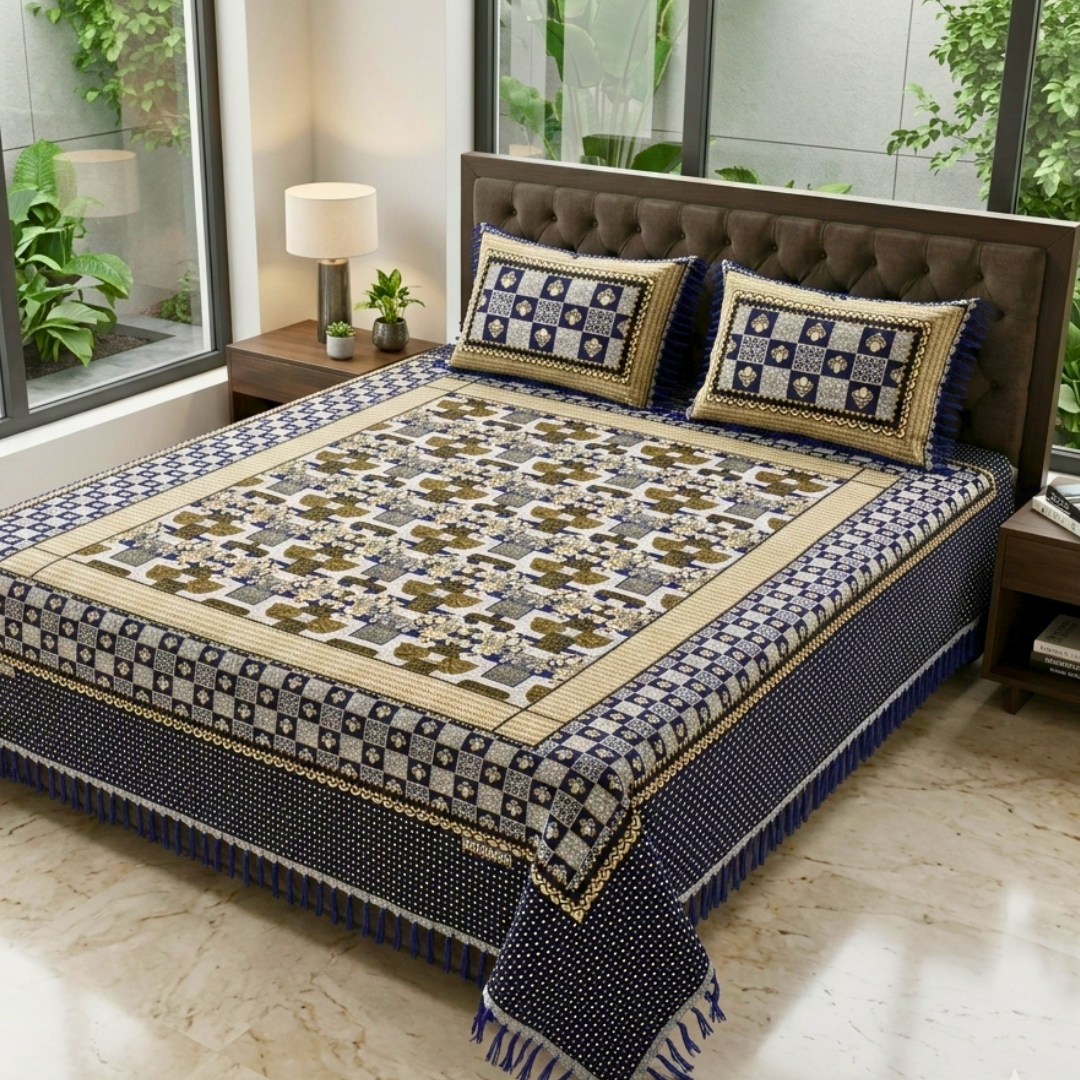 Classic Blue Multani Bedsheet – Central Floral Bouquet Pattern