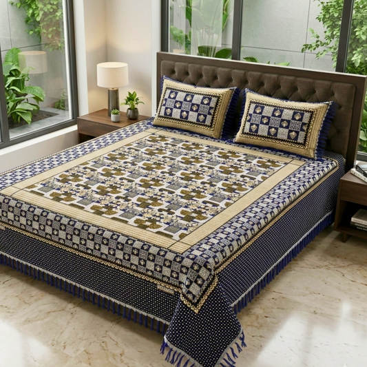 Classic Blue Multani Bedsheet – Central Floral Bouquet Pattern