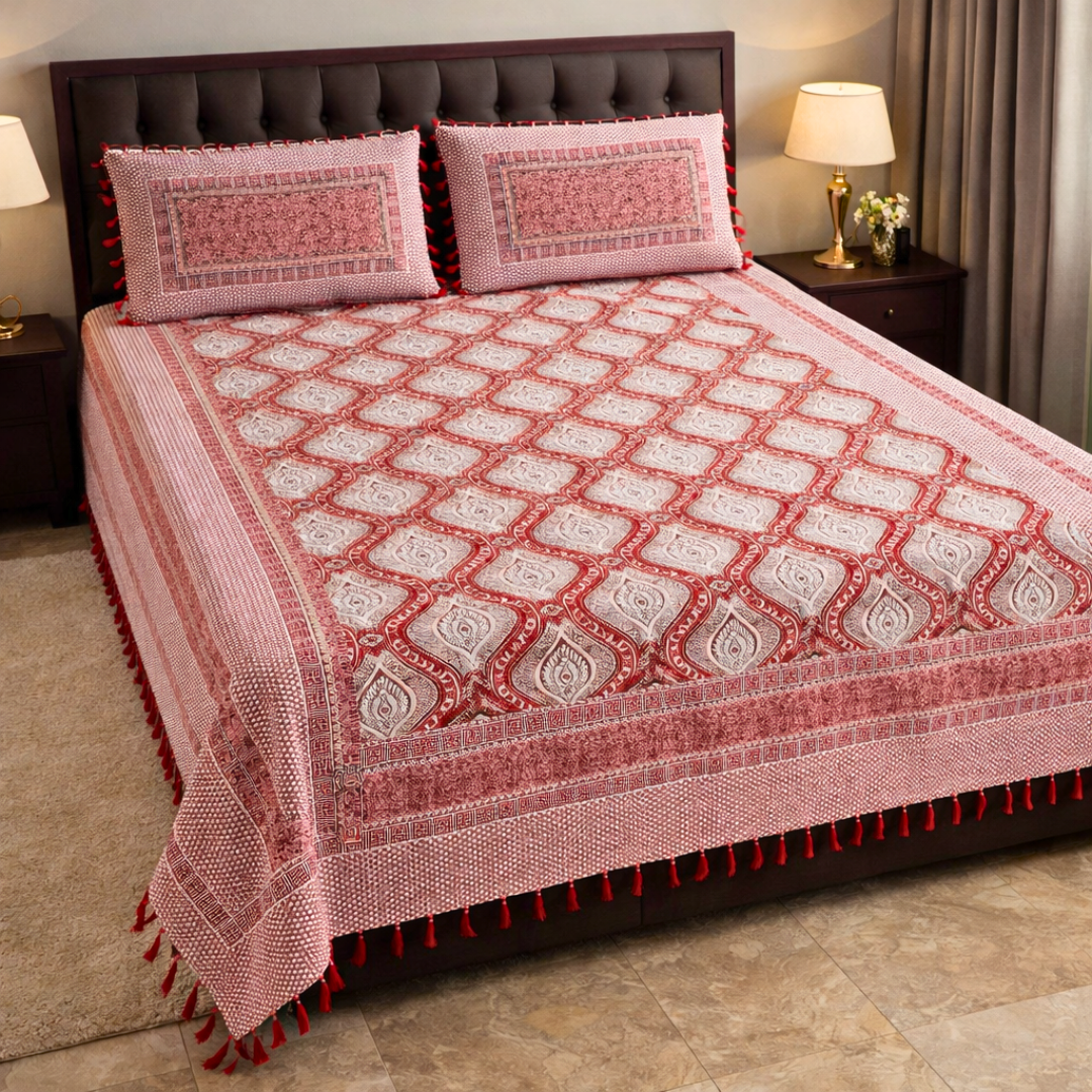 Ghulab Classic White & Red Multani Bed Sheet Set