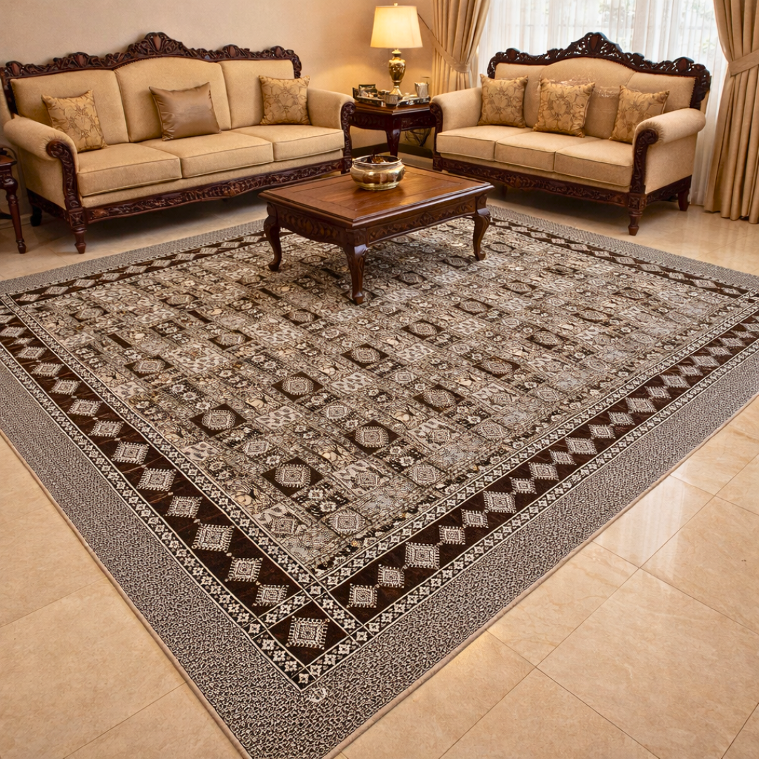 Traditional Multani Jazem – 9x12 Ft – Geometric Patchwork Medallion Pattern