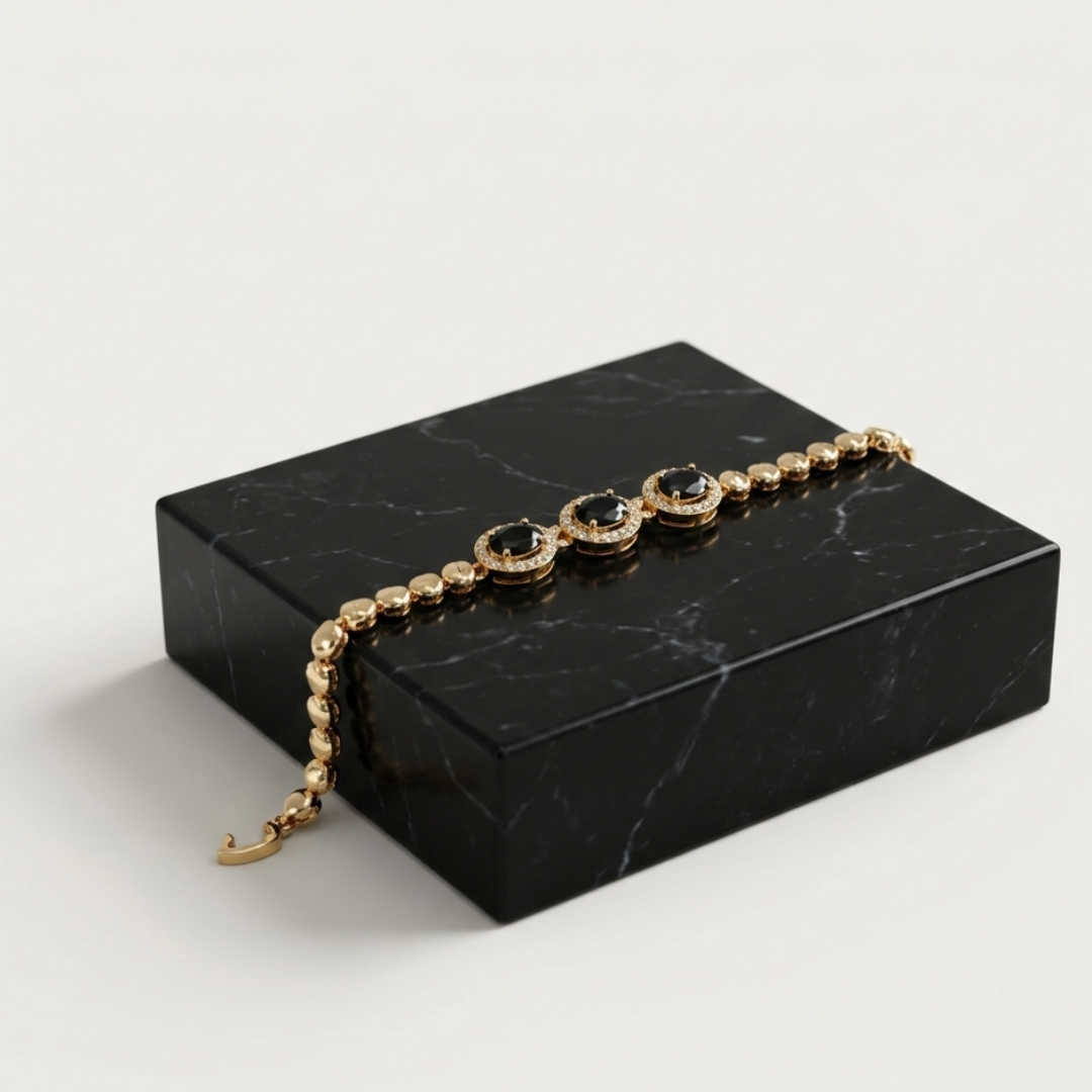 Gold Black Stone Halo Crystal Bracelet