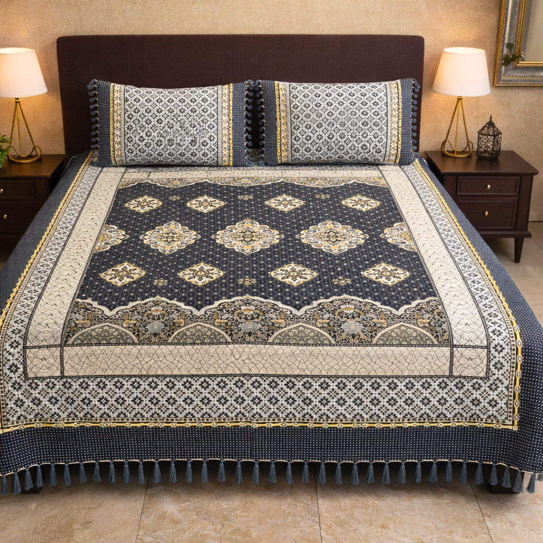 Traditional Grey Multani Bedsheet – Diamond Floral Pattern