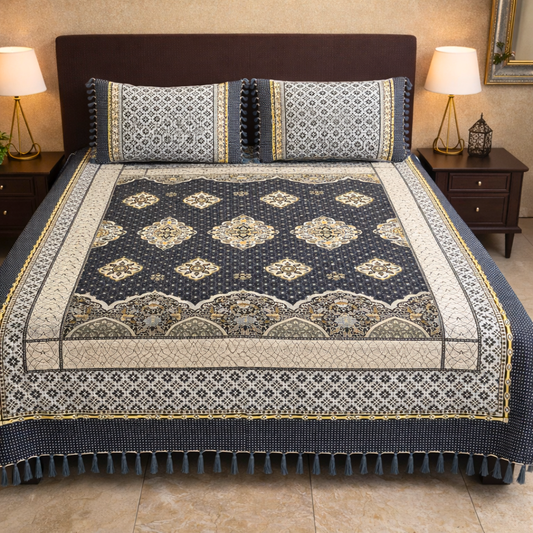 Traditional Grey Multani Bedsheet – Diamond Floral Pattern